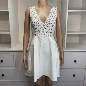 GUESS White V Neck Beaded Embellished Fit Flare Dress Women Size M